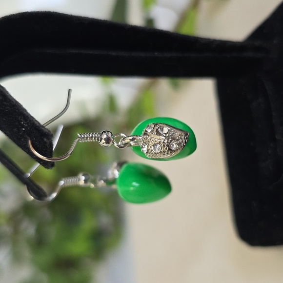 Silver and Green Apple Drop Earrings - Picture 5 of 7